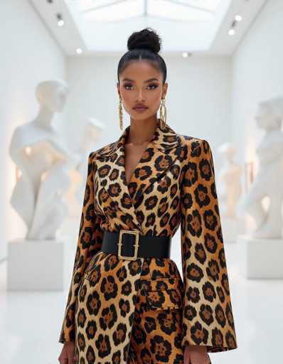 A striking ethnic model commands attention in a bold jaguar print suit, set against the minimalist backdrop of a modern art museum. Sculptural installations create depth, while dramatic lighting highlights her face and the flowing fabric, exuding sophisticated allure.