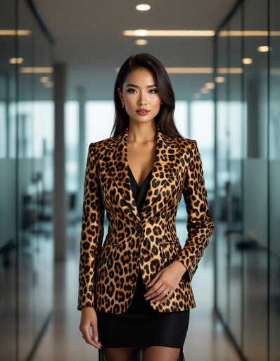 A stylish ethnic woman commands attention in a modern office, wearing a bold jaguar print suit jacket over a sheer skirt. The sleek glass partitions and minimalist furniture create a sophisticated backdrop, while soft lighting emphasizes her confident posture and subtle allure.