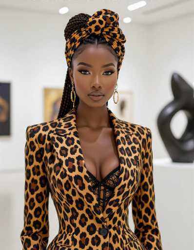 A confident Kenyan model with braided box braids and a vibrant leopard-print blazer dress exudes luxury in a contemporary art museum. Sharp focus highlights her intense gaze and the intricate fabric details, set against white walls and modern sculptures, embodying a high-end brand campaign aesthetic.