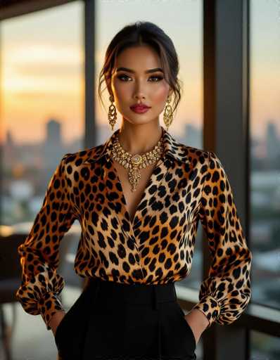 A seductive Indonesian woman with intricate gold jewelry commands attention in a leopard-print satin blouse and tailored trousers. Bathed in warm golden hour light, she poses confidently in a modern office with city views, embodying sophisticated business-fashion. The image showcases rich textures and elegant curves.