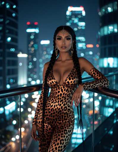 A South Asian woman with intricate bindi makeup and long braids, adorned in a modern leopard-print satin bodysuit, leans against a skyscraper railing at night. Neon city lights reflect on the wet pavement below in this ultra-fashion editorial shot, utilizing high contrast black and white with selective color on her skin and print.
