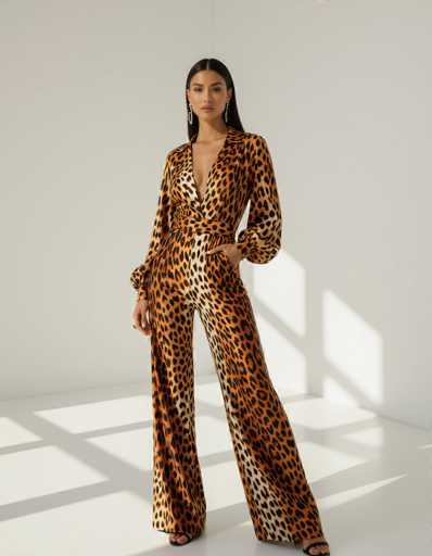A seductive ethnic model in a bold leopard print jumpsuit commands attention in a minimalist white gallery. The wide-angle shot captures her confident pose against scattered architectural shadows, creating a striking contrast and highlighting the vibrant pattern.