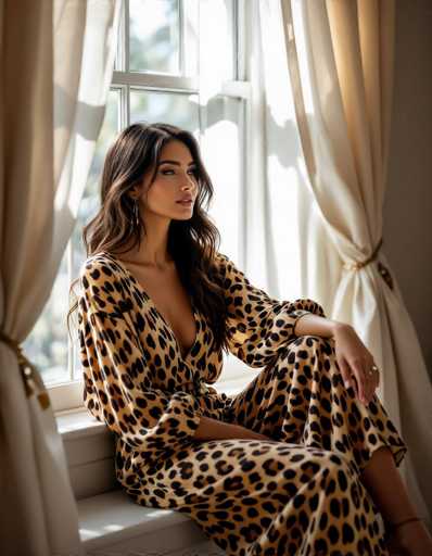 A woman with long, wavy hair sits comfortably by a window bathed in bright natural light. She wears a casual chic leopard print outfit, her relaxed pose and soft shadows creating a serene lifestyle fashion image. The sheer curtains frame the scene, enhancing the warm ambiance.