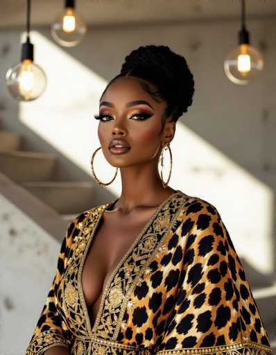 A striking Nigerian woman commands attention in a luxurious leopard-print kaftan with gold embroidery, her intricate makeup and large hoop earrings adding to the allure. The minimalist concrete stairwell with industrial lighting creates dramatic shadows, emphasizing a sophisticated avant-garde fashion editorial style.