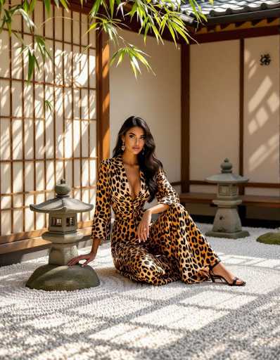 A seductive woman in a leopard print jumpsuit sits gracefully in a minimalist zen garden. Stone lanterns and raked gravel create a serene backdrop, while bamboo screens cast striped shadows. The bold pattern contrasts with the elegant setting, resulting in a sophisticated and artistic fashion composition.