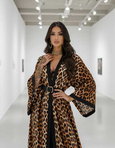 A seductive Middle Eastern model with henna tattoos commands attention in a stark white gallery. She wears a modern leopard-print abaya, her pose and jewelry highlighting a bold, high fashion portrait within the brutalist architecture's minimalist space.