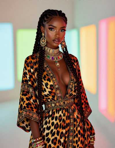 A striking Senegalese model with intricate braids and bold jewelry commands attention in a leopard-print silk kaftan. The minimalist studio features vibrant colored lighting panels, creating a dramatic and fashionable composition highlighting her confident pose and luxurious attire.