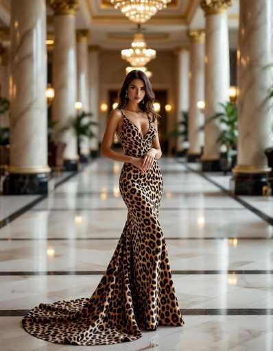 A stunning model in a leopard print gown commands attention in a luxurious hotel lobby. Marble columns and soft lighting create an elegant backdrop for her full-figure pose, highlighting a high-fashion editorial with a focus on luxury lifestyle.