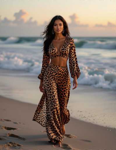 A seductive ethnic woman in a leopard print two-piece walks confidently on a sandy beach at twilight. The soft pastel sky reflects on the wet sand, creating a dreamy atmosphere. Crashing waves provide a backdrop to her bold outfit and confident stance near the ocean's edge, captured with shallow focus.
