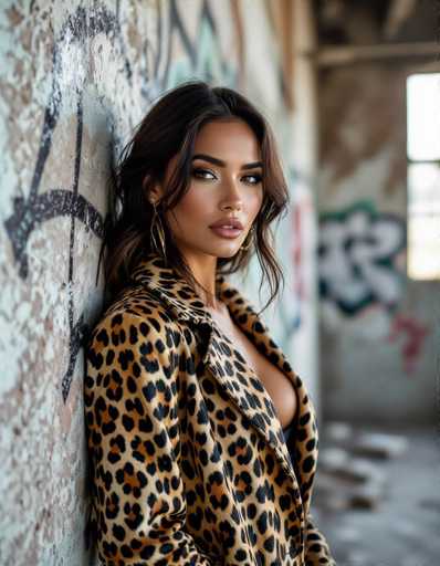 A seductive ethnic woman in a leopard print jacket leans against a textured concrete wall in an abandoned factory. The low-angle shot highlights her power and confidence, while graffiti art adds an urban edge to the sophisticated pose. The gritty texture complements the animal print, creating a visually striking cinematic portrait.