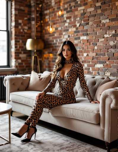 A stylish model in a leopard print bodysuit lounges on a plush velvet sofa in a luxurious apartment. Exposed brick walls and soft warm lighting create a cinematic atmosphere, highlighting the depth of field in this elegant interior shot.