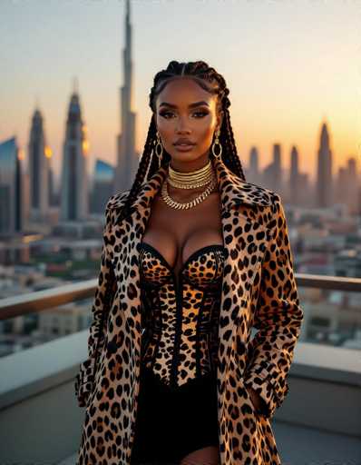 A confident Somali model with intricate braids and gold jewelry stands on a rooftop terrace in Dubai at sunset. She wears a structured leopard-print trench coat over a corset, bathed in warm golden light against the city skyline. The composition is dramatic and evokes luxury lifestyle photography.