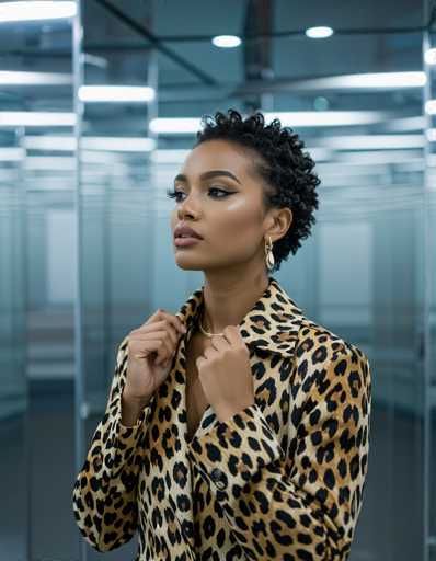 A stylish ethnic woman with short curly hair adjusts her leopard print jacket in a polished chrome elevator mirror. Cool blue tones dominate the background, creating a sharp focus on her street fashion look and confident pose. The image embodies modern elegance with a touch of boldness.
