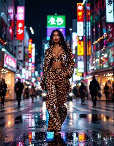 A confident ethnic woman in a bold leopard print suit strides through a rain-slicked Tokyo street at night. Neon signs create vibrant reflections, highlighting the dynamic composition with diagonal lines leading to her powerful presence and urban allure.