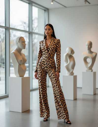 A striking ethnic woman in a structured leopard print jumpsuit stands confidently in a modern art gallery. Soft light from large windows illuminates the minimalist white sculptures surrounding her, creating a monochromatic and sophisticated atmosphere.