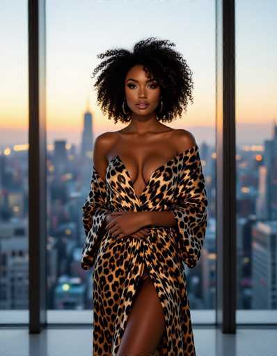 A stunning African American woman with voluminous curls, wearing a leopard-print silk robe, commands attention in a modern penthouse. Soft golden hour light highlights her skin and the fur texture as she gazes confidently at a blurred city skyline through floor-to-ceiling windows. The shallow depth of field and cinematic lighting create a high fashion portrait.