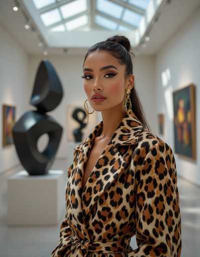 A striking ethnic woman in a leopard print coat commands attention in an art gallery. Natural light highlights her confident gaze, contrasting with the abstract sculptures and colorful paintings by David Hockney in the background. The image is a sophisticated editorial portrait, blending fashion and art.
