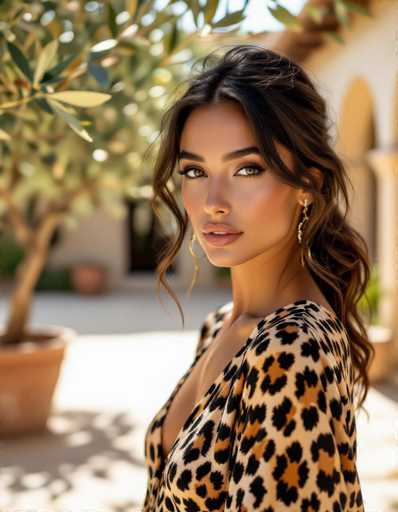 A sensual ethnic woman with long, wavy hair gazes directly at the viewer in a sun-drenched Mediterranean courtyard. She wears a leopard print dress, framed by potted olive trees and dappled shadows. The close-up emphasizes her beauty and the bold pattern of her attire, creating a visually striking composition.