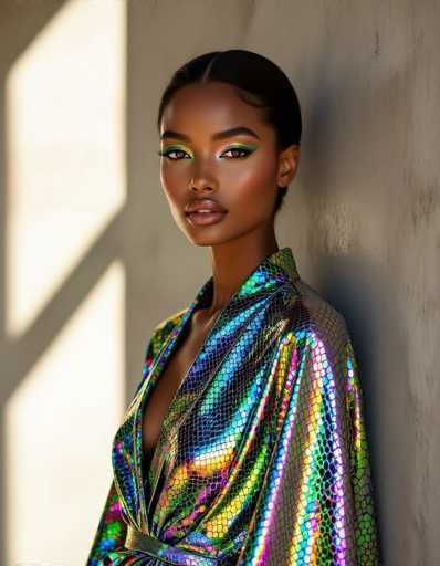 Captured in a Vogue-esque editorial, this portrait features an ethnic model in a shimmering iridescent reptilian silk gown. The sharp focus highlights her striking eyes and the fabric's texture against a minimalist concrete backdrop, illuminated by soft rim lighting. The model is positioned close to the wall, creating a strong spatial relationship and emphasizing her confident gaze.