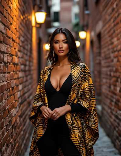 An ethnic woman with long dark hair confidently poses in a black bodysuit and bold yellow lizard-print cape against a textured brick alleyway. Warm streetlamp light creates dramatic shadows, highlighting her alluring presence and the urban setting.