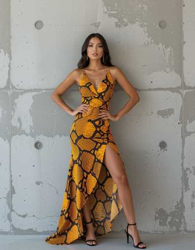 An ethnic woman confidently poses in a bold, flowing lizard print dress against a textured gray concrete wall. The dynamic dress contrasts with the cool urban backdrop, highlighting her sensuality and radiating a strong presence in this modern art installation.