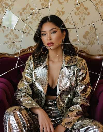 A stylish ethnic woman in a shimmering lizard-skin jacket and matching pants sits on a plush velvet couch, reflected in a cracked mirror. The chaotic composition blends pop art energy with high fashion glamour, creating a striking self-portrait.