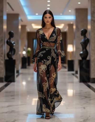 A stylish model in a sheer black dress with a vivid lizard print walks confidently down a polished marble hallway. Modern sculptures and minimalist art installations are subtly placed along the space, bathed in cool blue lighting, creating an alluring and intense atmosphere.