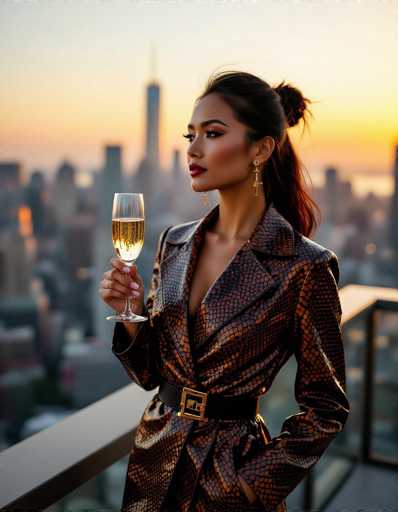 A stylish ethnic woman in a striking lizard print leather ensemble stands on a skyscraper rooftop during golden hour, holding a champagne glass. The blurred city skyline creates a warm, elegant backdrop for this avant-garde composition.
