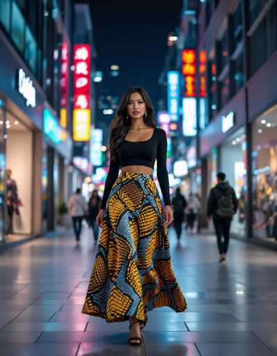 A confident ethnic woman in a bold lizard-patterned skirt and fitted top strides through a vibrant, neon-lit shopping district at night. The modern storefronts reflect the urban scene, creating a dynamic spatial relationship. The image has a stylish, contemporary art style emphasizing the woman's allure against the energetic backdrop.