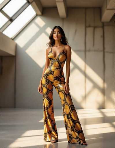 An ethnic woman commands attention in a form-fitting, striking lizard print jumpsuit against a sleek concrete wall. Golden hour light floods the industrial loft space, highlighting her confident pose and creating an ethereal glow. The image embodies a modern, sensual art style with a focus on silhouette and texture.