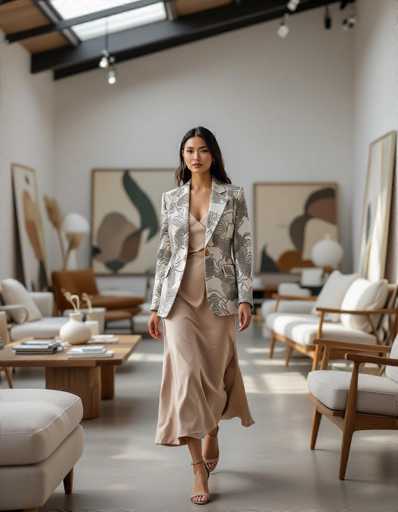 An ethnic woman in a structured lizard print blazer and nude slip dress confidently walks through a minimalist design studio. Contemporary furniture, large abstract canvas art, and natural light create a serene atmosphere. The woman's poised presence contrasts with the clean lines of the space and artistic elements.