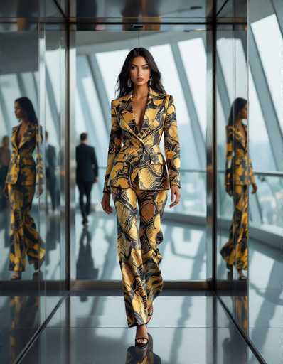 A confident ethnic woman in a bold lizard print suit strides through a sleek glass elevator in a futuristic skyscraper. The reflective surfaces multiply her image, creating an alluring and captivating scene. The art style is modern and fashion-forward.