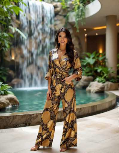 An ethnic woman in a luxurious lizard print jumpsuit with gold accents confidently poses near an indoor waterfall in a spa. Lush greenery and natural stone create a serene, modern backdrop. The image showcases elegance and sophistication in a luxurious setting.