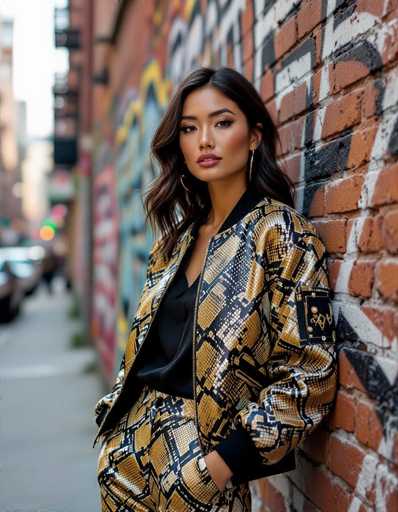 A stylish woman with long, wavy brown hair leans against a brick wall adorned with colorful graffiti. She wears a patterned jacket and black top, her hands in her pockets. The urban setting is captured with a shallow depth of field, focusing on the woman and creating a fashionable, contemporary vibe.