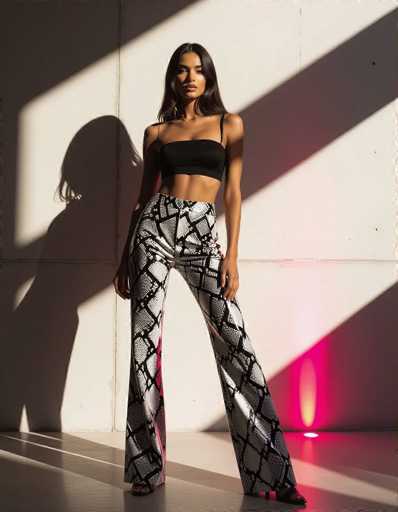 A slender woman models a black and white snake-print crop top and wide-leg pants against a textured, brightly lit wall. The strong shadows create dramatic contrast, highlighting the model's pose and the bold pattern of her outfit. The style is fashion-focused, emphasizing modern silhouettes and striking prints.