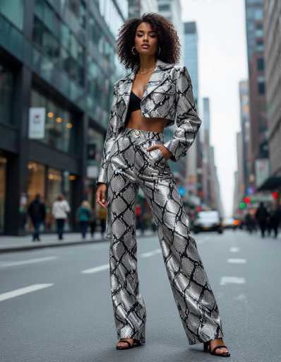 A stylish woman with curly hair confidently poses in a shimmering silver snake-print pantsuit on a city street. The urban backdrop features tall buildings and blurred pedestrians, creating a dynamic contrast with her bold fashion statement. The art style is modern and fashionable.