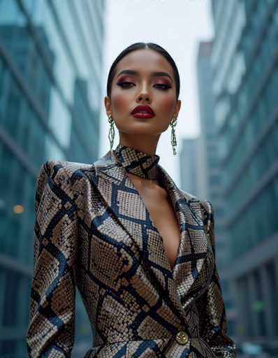 A stylish woman with bold makeup and dramatic earrings commands attention in a striking snakeskin blazer. She's positioned against blurred city buildings, creating a sense of urban sophistication and confidence. The image has a fashion editorial art style with sharp focus on the subject.