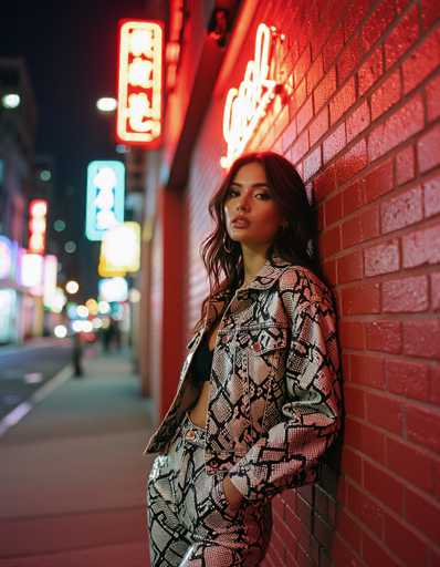 A stylish woman in a snake-print denim ensemble leans against a vibrant red brick wall illuminated by neon signs. The urban night scene features street haze and a grainy film texture, evoking a candid fashion editorial with a Kodak Portra 400 aesthetic.