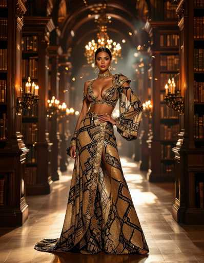 A woman in a stunning gold and black patterned gown stands confidently in a grand library, surrounded by towering bookshelves and ornate lighting. The spatial relationship emphasizes her as the central focus within a rich, dramatic setting. The art style is opulent and theatrical, evoking a sense of fantasy and elegance.