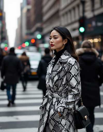 A stylish ethnic woman in a monochrome snake-skin coat pauses at a busy crosswalk, her gaze directed off-camera. Blurred pedestrians and city lights create a dynamic background in this high-contrast street shot, captured with a shallow depth of field and a grainy texture reminiscent of Pentax MX6 photography.