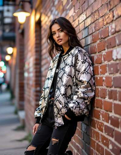 An ethnic model with long, wavy hair leans against a weathered brick wall in an urban setting. She wears an oversized snakeskin bomber jacket and ripped black jeans, illuminated by flickering sodium vapor lights. The composition showcases a casual yet stylish street look with a focus on texture and contrast.