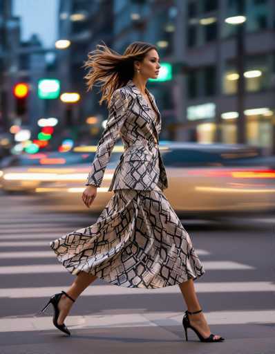 A woman in a stylish snakeskin skirt suit strides confidently across a crosswalk at dusk. Her hair is dramatically swept back by the wind, creating a dynamic silhouette against a blurred urban backdrop of traffic lights. The image captures elegance and movement in a fashion-forward style.
