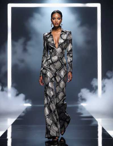 A striking ethnic model commands attention in a form-fitting snakeskin leather bodysuit on a glossy runway. Dramatic rim lighting and volumetric fog create a high-fashion editorial atmosphere, emphasizing the model's elegance and the bold print.