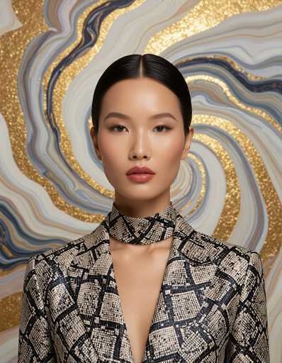 An ethnic model with a sharp, minimalist composition is the focal point against an abstract backdrop of swirling marble and gold foil. The structured snake print tailoring emphasizes her face and collarbone, with ample negative space creating a sophisticated and elegant aesthetic.