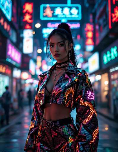 A stylish woman in a vibrant, patterned outfit stands confidently amidst a bustling neon-lit street. The blurred background creates depth, emphasizing her as the focal point. The art style is a blend of fashion photography and cyberpunk aesthetics, showcasing bold colors and dynamic lighting.