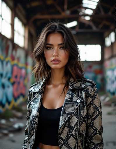 A striking model with textured skin and wavy hair commands attention in an abandoned warehouse. She wears a distressed snake-skin leather jacket over a black tank top, illuminated by hard light from a window. Graffiti-covered walls and steel beams create an edgy, contemporary urban backdrop with a film noir feel.
