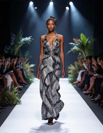 A model in a shimmering black and white patterned gown walks confidently down a runway illuminated by spotlights. The backdrop features tropical foliage, and an audience watches from either side. The image has a fashion editorial style with dramatic lighting and a focus on the garment's elegance.