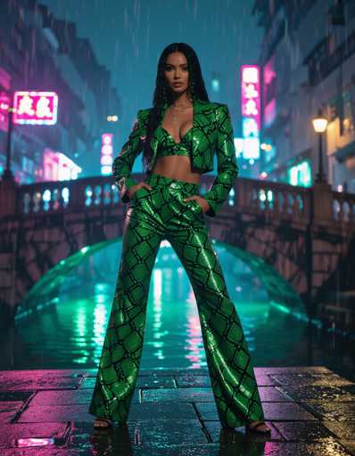 A woman in a vibrant green snakeskin suit stands confidently on a wet city street under neon lights and rain. The scene is stylized with a dramatic, slightly surreal atmosphere, emphasizing the glossy texture of her outfit and the reflections on the wet pavement.