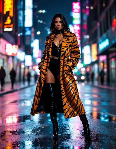A striking ethnic model commands attention in a bold tiger-print trench coat over a black bodysuit, standing dynamically on a rain-slicked city street at night. Neon lights create vibrant reflections, set against a high-contrast, moody atmosphere reminiscent of Vogue fashion photography.