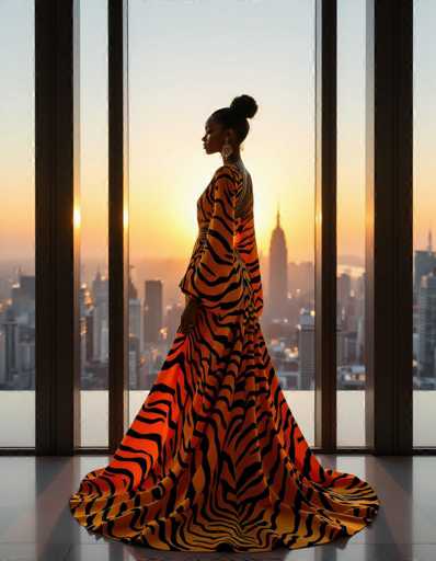 A striking editorial captures an ethnic model in a vibrant tiger-print gown, illuminated by sunrise through floor-to-ceiling windows. The model's silhouette is framed by architectural elements, creating a dramatic and artistic composition against a panoramic city backdrop.